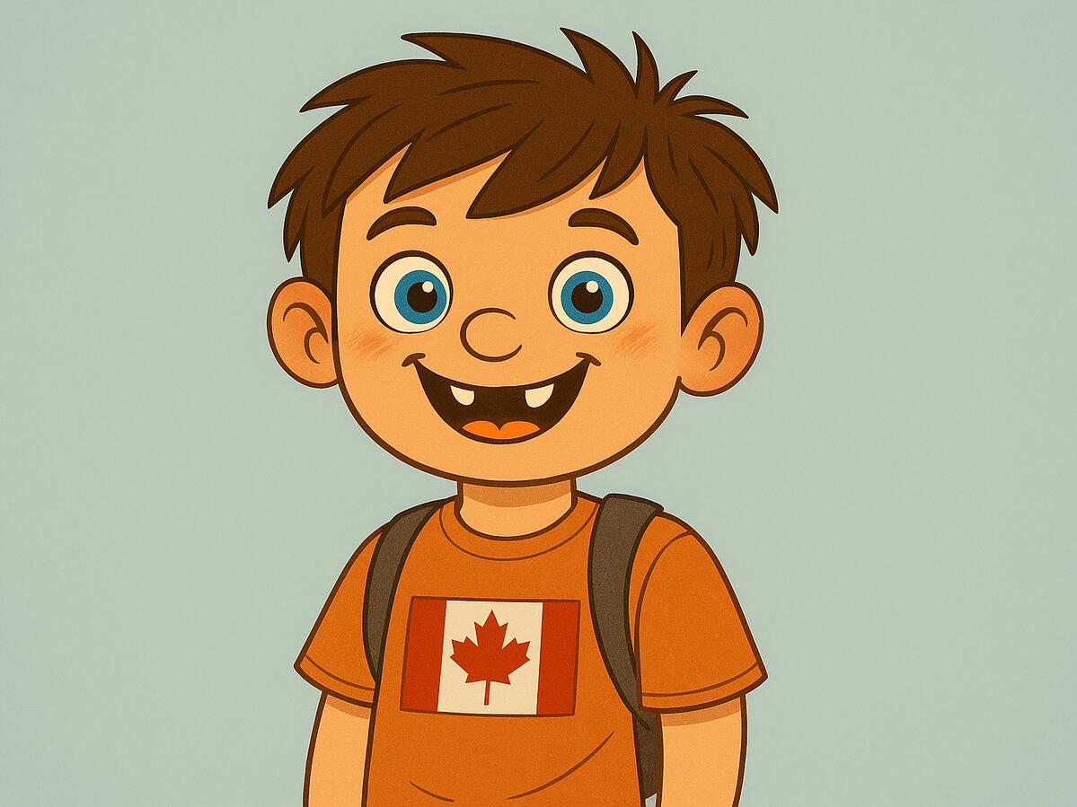 Blue eyed boy, smiling with backpack and wearing canadian flag shirt
