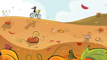 A cartoon picture of a girl riding her bike in a pumpkin patch