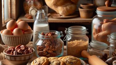 Cookies, chicken, eggs and milk in a kitchen