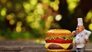 Mini chef standing beside a hamburger