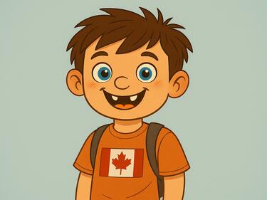 Blue eyed boy, smiling with backpack and wearing canadian flag shirt