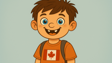 Picture Day Blue eyed boy, smiling with backpack and wearing canadian flag shirt