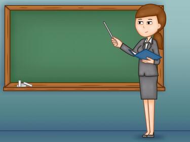 Cartoon teacher in front of a blackboard