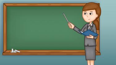 Cartoon teacher in front of a blackboard