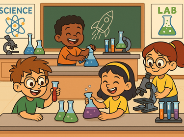4 cartoon elementary students working in a lab